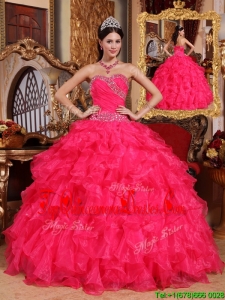 2016 Latest Coral Red Ball Gown Floor Length Quinceanera Dresse