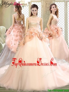 Cheap Scoop Court Train Quinceanera Dresses with Hand Made Flowers