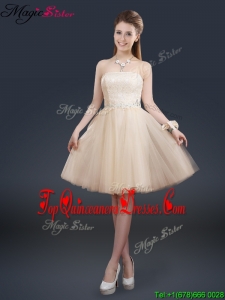 2016 Fashionable Strapless Lace Champagne Dama Dresses