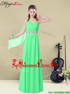 The Most Popular One Shoulder Floor Length Quinceanera Dama Dresses with Ruching and Belt