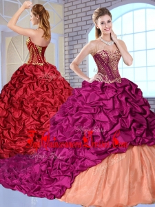 Best Brush Train Ruffles and Appliques Quinceanera Gowns in Wine Red