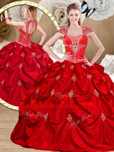 2016 Modern Red Sweet 16 Gowns with Appliques and Pick Ups
