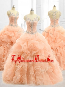 2016 Cheap Real Photo Show Straps Beading and Ruffles Quinceanera Dresses in Peach