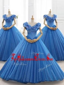 Classical Real Photo Show Blue Off the Shoulder Long Quinceanera Dresses with Appliques