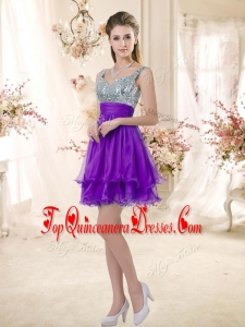 2016 Best Straps Short Purple Dama Dresses with Sequins