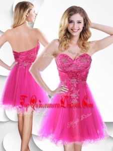 2016 Lovely Short Hot Pink Dama Dress with Beading and Hand Made Flowers