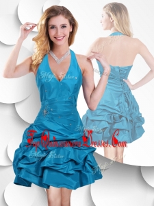 Fashionable Halter Top Taffeta Teal Damas Dress with Bubles