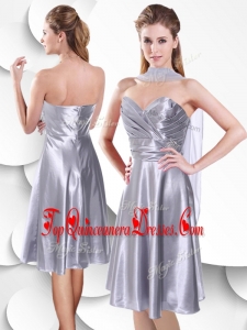 Gorgeous Elastic Woven Satin Silver Dama Dress with Beading and Ruching