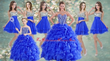 Big Puffy Beaded Blue Quinceanera Dress and Sequined Short Dama Dresses Ruffled Mini Quinceanera Dress