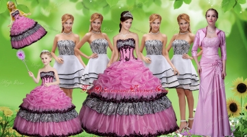 Luxurious Applique Zebra Rose Pink Quinceanera Dress and Strapless White Dama Dresses and Pick Ups Mini Quinceanera Dress and Applique Mother of The Bride Dress