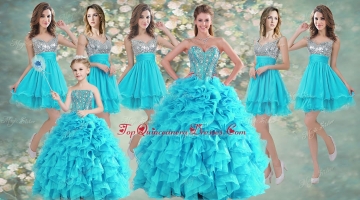 Visible Boning Aqua Blue Quinceanera Dress and Sequined Short Dama Dresses Beaded and Ruffled Mini Quinceanera Dress
