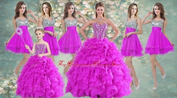 Visible Boning Fuchsia Sweet 16 Gown and Sequined Dama Dresses Beaded and Ruffled Mini Quinceanera Dress