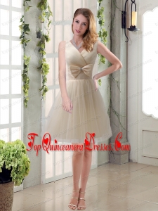 Beautiful Champagne Bowknot Princess Bridesmaid Dresses with V Neck