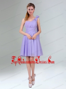 Gorgeous Mini Length Lavender Dama Dress with Ruching and Handmade Flower