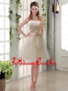 Popular Champagne Strapless Princess Bowknot Dama Dresses for 2015