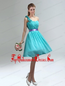 Unique One Shoulder Ruches Teal Dama Dresses with Belt