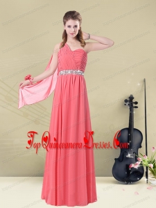 One Shoulder Beaded Long Dama Dress with Ruches