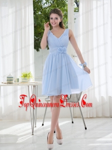 V Neck Chiffon Dama Dress with Ruching and Hand Made Flowers