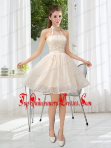 Halter Appliques Lace Up Dama Dress in Champagne