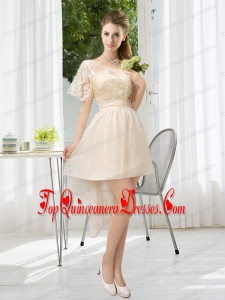 Lace High Low Short Sleeves Dama Dress with One Shoulder