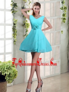 Ruching and Hand Made Flowers V Neck A Line Dama Dress