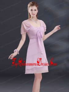 A Line Square Ruhing Dama Dress with Cap Sleeves