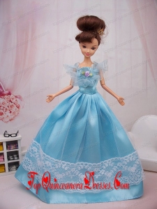 Aqua Blue Hand Made Flower Princess Barbie Doll Dress