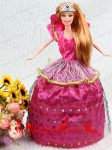 Elegant Hot Pink Taffeta Ball Gown Party Clothes Embroidery Dress For Nobel Barbie