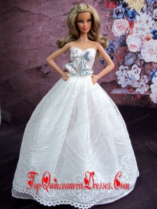 Elegant White Gown With White Lace and Bowknot Made To Fit The Barbie Doll