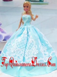 Embroidery Baby Blue For Princess Barbie Doll Dress