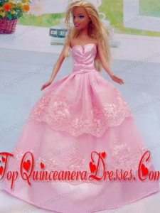 Embroidery Floor-length Rose Pink For Princess Barbie Doll Dress