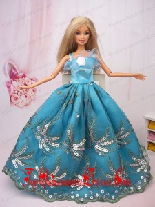 Exclusive Ball Gown Teal Beading Hand Made Flower Barbie Doll Dress