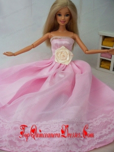 Hand Made Flower Tulle and Taffeta Party Dress Pink Barbie Doll Dress