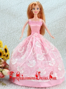 Lovely Baby Pink Ball Gown Straps With Sash and Lace Party Clothes Fashion Dress For Noble Barbie