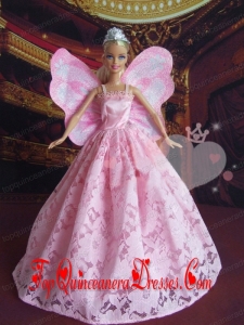 Lovely Princess Handmade Baby Pink Straps Party Clothes Fashion Dress for Noble Barbie