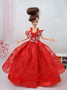 New Beautiful Ball Gown Red Lace Handmade Party Clothes Fashion Dress for Noble Barbie