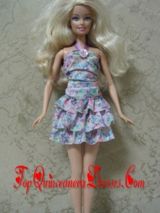 Beautiful Printing Short Colorful Barbie Doll Dress
