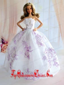 Embroidery Decorate White Taffeta Ball Gown Barbie Doll Dress