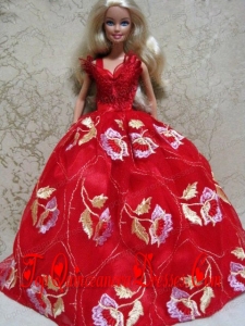 Embroidery Red Ball Gown Barbie Doll Dress