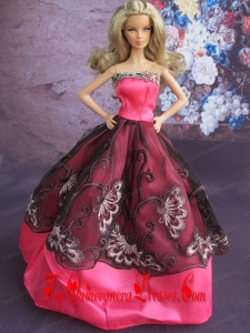 Fashionable Embroidery Ball Gown Hot Pink and Black Barbie Doll Dress