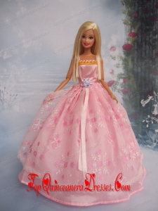 Hand Made Flower Lace Pink Ball Gown Barbie Doll Dress