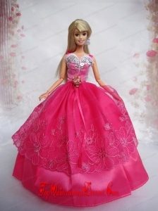 Lovely Hot Pink Ball Gown Taffeta and Organza Barbie Doll Dress