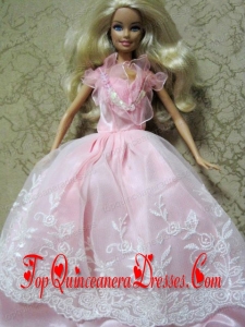 Amazing Pink Handmade Party Colothes Dress With Embroidery For Barbie Doll