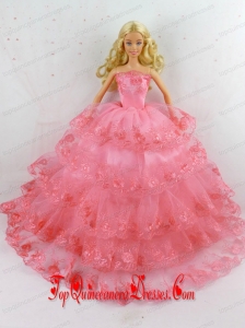 Elegant Handmade Gown With Ruffled Layers and Embroidery Made To Fit the Barbie Doll