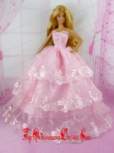 Pretty Pink Princess With Embroidery and Ruffled Layers Gown For Barbie Doll