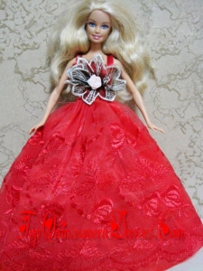 Red Embroidery Dress Handmade Gown for Barbie Doll