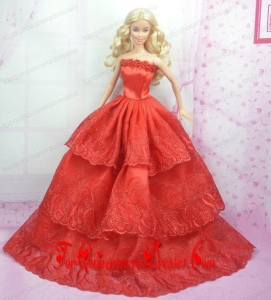 Rust Red Princess Dress With Embroidery Gown For Barbie Doll