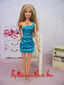 Teal Fashion Sequin Party Dress With One Shoulder Mini-length Made To Fit the Barbie Doll