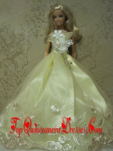 Yellow Green Handmade Dress With Embroidery Gown for Barbie Doll
