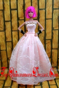 Baby Pink Gown For Barbie Doll With Lace and A-line